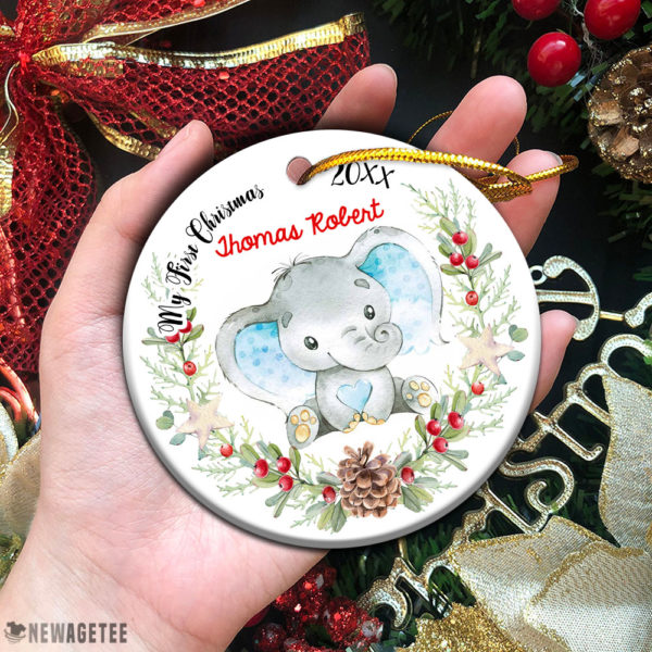 Circle Ornament Personalized Baby Elephant Boy My First Christmas Ornament