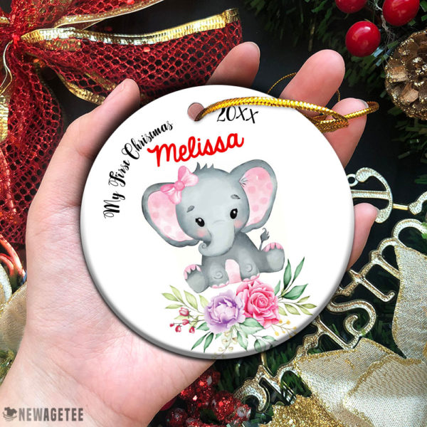 Circle Ornament Personalized Baby Elephant Girl My First Christmas Ornament