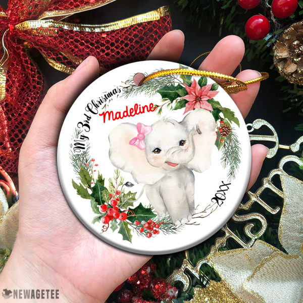 Circle Ornament Personalized Baby Girl Elephant My Third 3rd Christmas Ornament