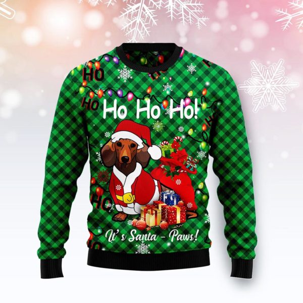 Dachshund Santa Paw Hohoho Ugly Christmas Sweater Unisex Knit Wool Ugly Sweater