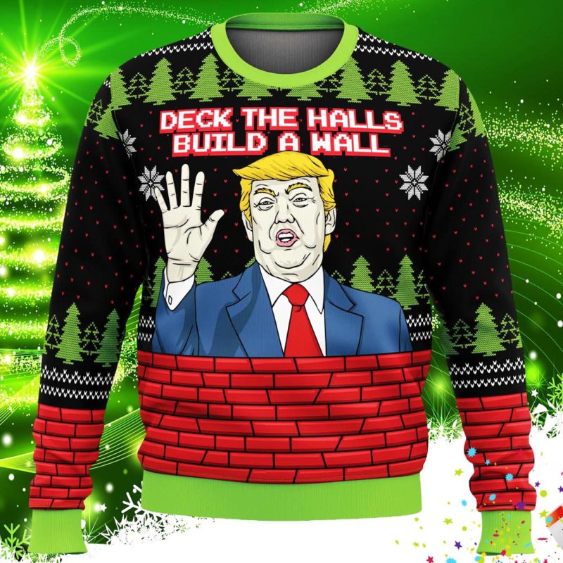 Deck The Halls Build A Wall Ugly Christmas Sweater Knit Wool Sweater