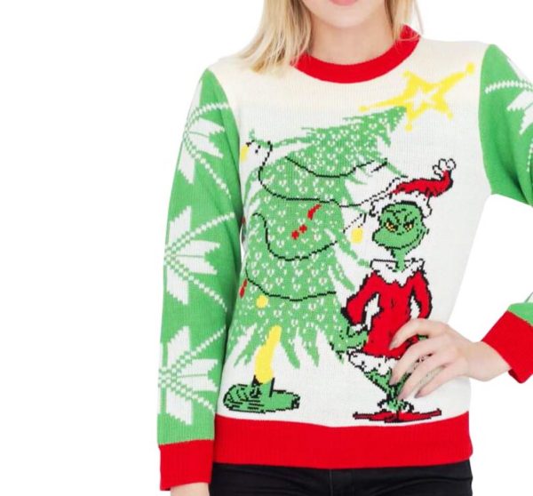 Dr Seuss Grinch As Santa Next To Tree Ugly Christmas Sweater Knit Wool Sweater 2