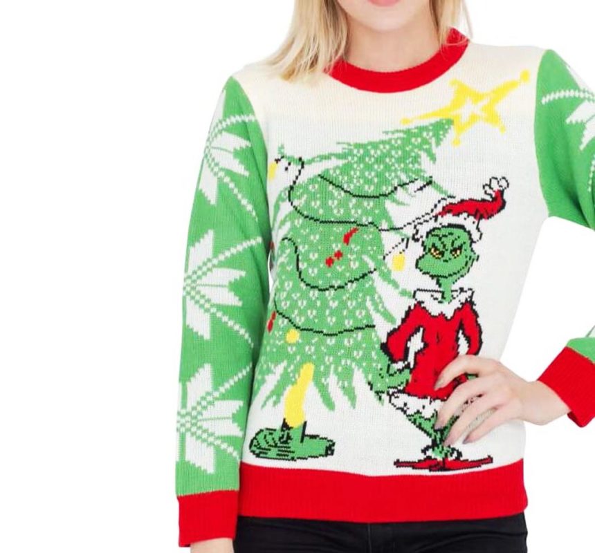 Dr Seuss Grinch As Santa Next To Tree Ugly Christmas Sweater Knit Wool Sweater