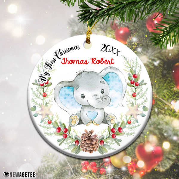 Round Ornament Personalized Baby Elephant Boy My First Christmas Ornament