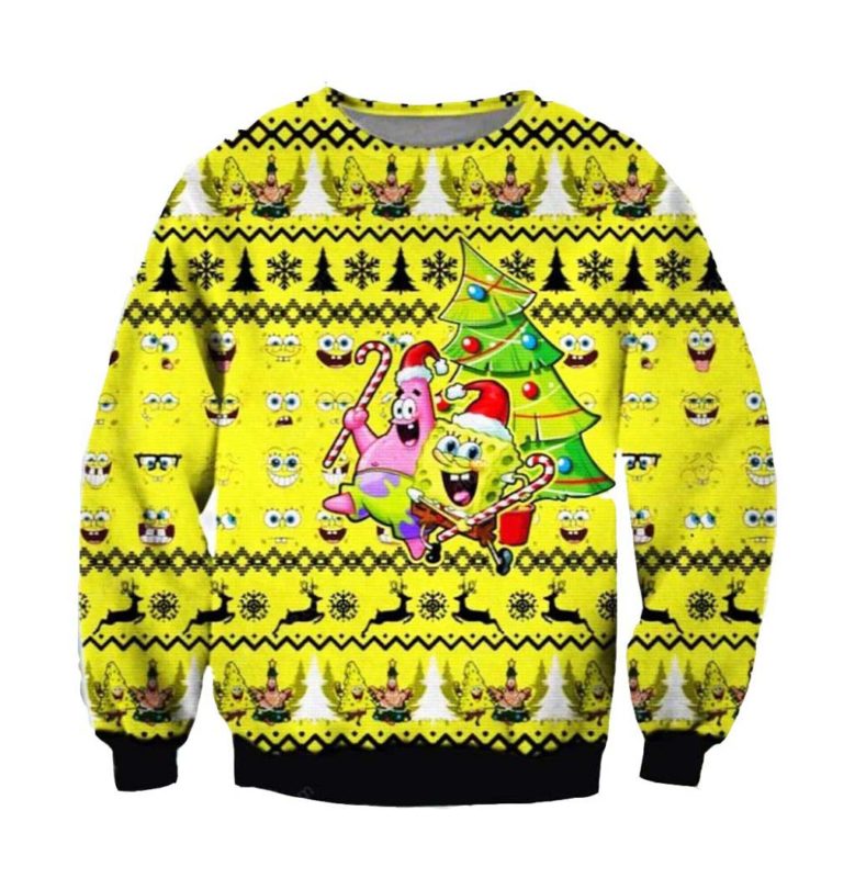 Santa Spongebob Characters Merry Ugly Christmas Knit Sweater Santa Spongebob Characters Merry Ugly Christmas Knit Sweater