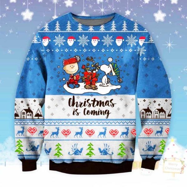 Snoopy Xmas Coming Ugly Christmas Sweater Unisex Knit Wool Ugly Sweater