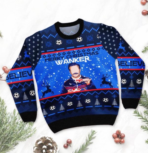 Ted Lasso Merry Christmas Wanker Ugly Christmas Sweater Unisex Knit Wool Ugly Sweater
