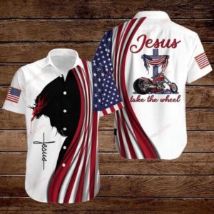 Cross Jesus Bible Americal Flag Biker Jesus Take The Wheel Hawaiian Shirt, beach shorts
