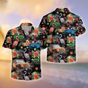 Flamingo Driver Jeep Hawaiian Shirt, beach shorts