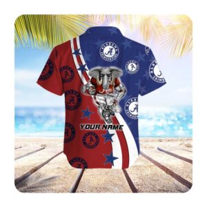 Alabama Crimson Tide American Flag Custom Name Men Women Short Sleeve Button Up Tropical Aloha Hawaiian Shirts For Men Women 1 45.99