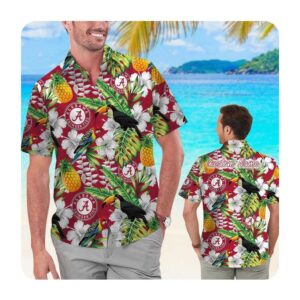 Alabama Crimson Tide Custom Name Parrot Floral Tropical Men Women Short Sleeve Button Up Tropical Aloha Hawaiian Shirts For Men Women 0 45.99