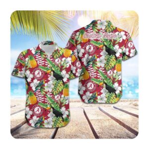 Alabama Crimson Tide Custom Name Parrot Floral Tropical Men Women Short Sleeve Button Up Tropical Aloha Hawaiian Shirts For Men Women 1 45.99