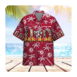 Alabama Crimson Tide Custom Name Short Sleeve Button Up Tropical Aloha Hawaiian Shirts For Men Women 1 45.99
