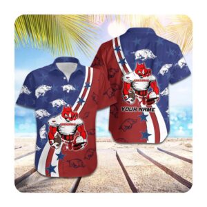 Arkansas Razorbacks American Flag Custom Name Men Women Short Sleeve Button Up Tropical Aloha Hawaiian Shirts For Men Women 2 45.99