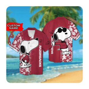 Arkansas Razorbacks And Snoopy Custom Personalized Short Sleeve Button Up Tropical Aloha Hawaiian Shirts For Men Women 0 45.99