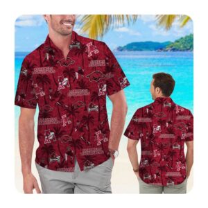 Arkansas Razorbacks Tropical Beach Coconut Tree Short Sleeve Button Up Tropical Aloha Hawaiian Shirts For Men Women 0 45.99