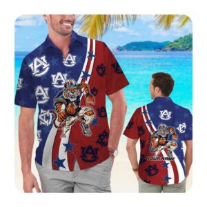 Auburn Tigers American Flag Custom Name Men Women Hawaii Shirt Summer Button Up Shirt For Men Women