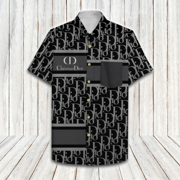 Dior White Black Logo Pattern Luxury Brand Hawaiian Shirt Shorts and Flip Flops Combo