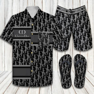Dior White Black Logo Pattern Luxury Brand Hawaiian Shirt Shorts and Flip Flops Combo