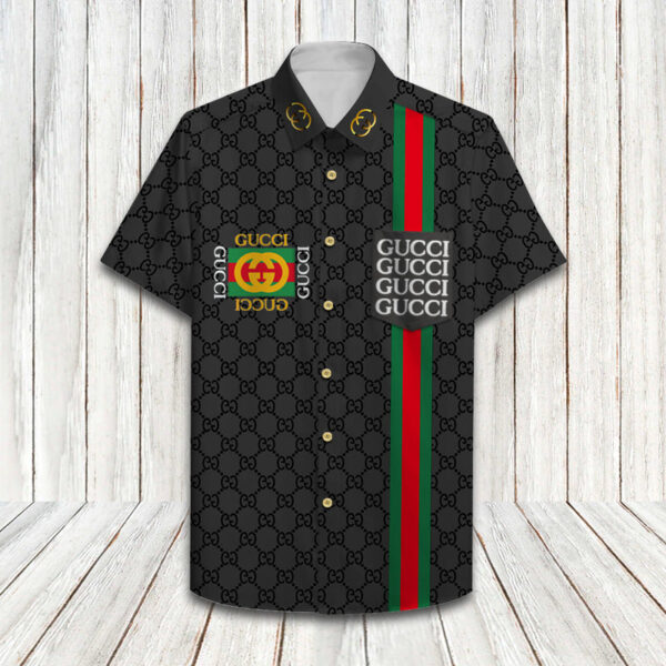 Gucci Black Brand Limited Luxury Brand Hawaiian Shirt Shorts and Flip Flops Combo