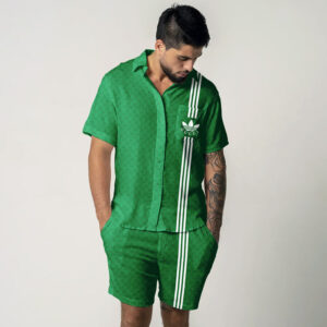 Gucci Adidas Brand Limited Green Hawaiian Shirt Shorts and Flip Flops