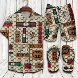 Gucci Bee Rose Vintage Hawaiian Shirt Shorts and Flip Flops Combo