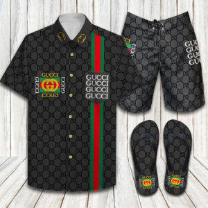 Gucci Black Brand Limited Luxury Flip Flops And Combo Hawaiin Shirt Shorts