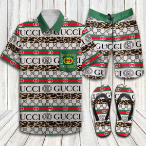 Gucci Tiger Print Luxury Brand Hawaiian Shirt Shorts and Flip Flops Combo