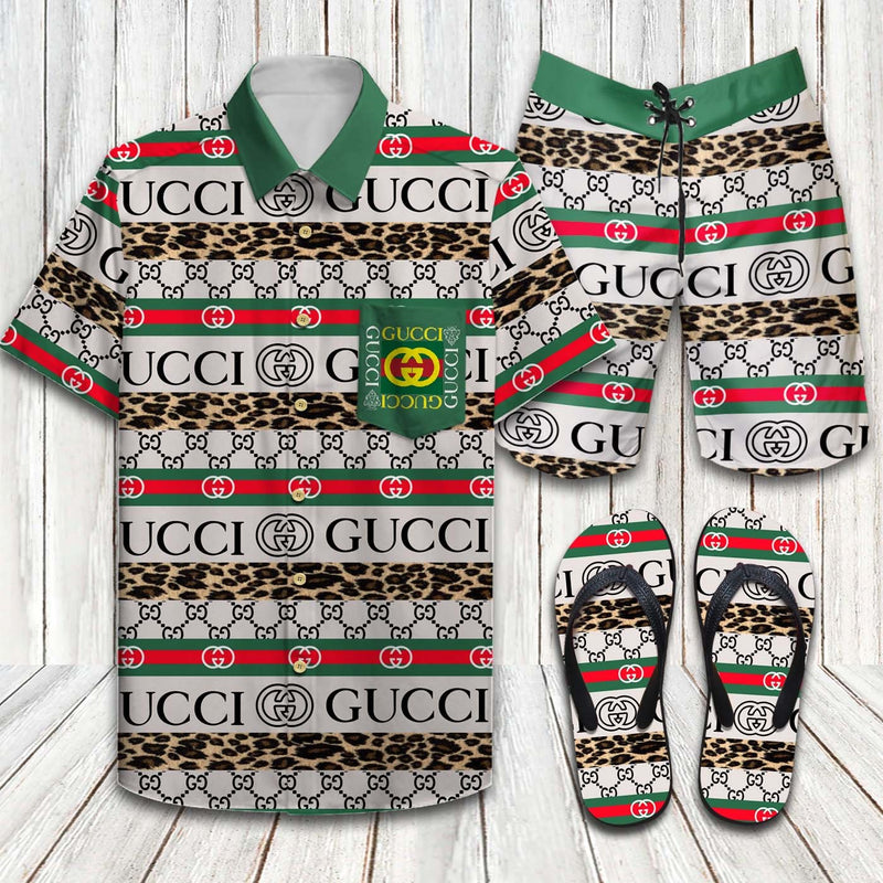 Top-selling item] Gucci Skull Pattern Hawaii Shirt Shorts Set And Flip Flops