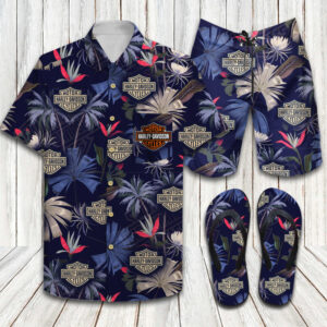 Harley Davidson Floral Flip Flops And Combo Hawaiin Shirt Shorts