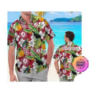 Alabama Crimson Tide America Flag Tropical Floral Aloha Hawaiian Shirt, Beach Shorts Custom Name For Men Women