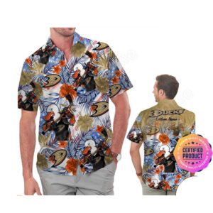 Personalized Anaheim Ducks Tropical Floral America Flag Aloha Hawaiian Shirt Beach Shorts copy