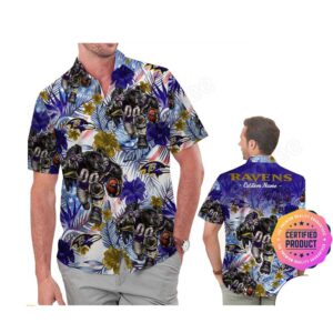 Baltimore Ravens America Flag Tropical Floral  Aloha Hawaiian Shirt, Beach Shorts Custom Name For Men Women