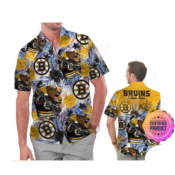 Boston Bruins America Flag Tropical Floral  Aloha Hawaiian Shirt, Beach Shorts Custom Name For Men Women