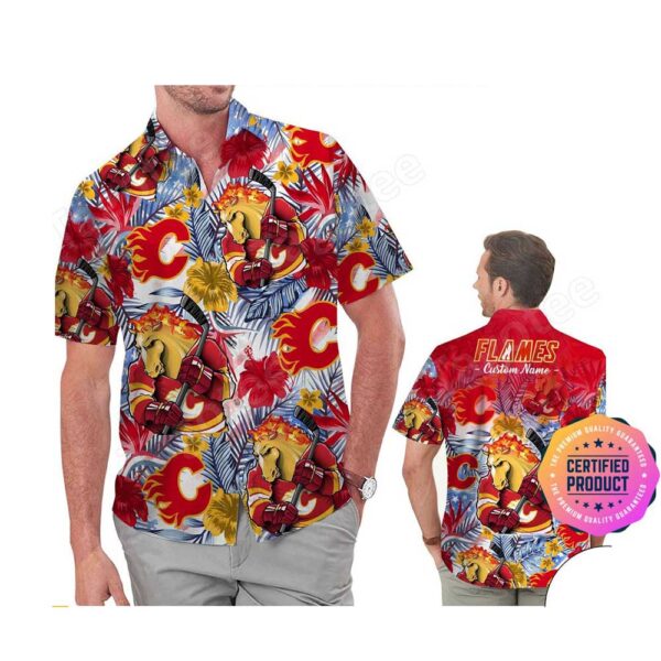 Calgary Flames America Flag Tropical Floral  Aloha Hawaiian Shirt, Beach Shorts Custom Name For Men Women