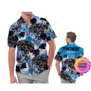 Carolina Panthers America Flag Tropical Floral  Aloha Hawaiian Shirt, Beach Shorts Custom Name For Men Women