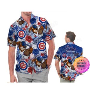 Chicago Cubs America Flag Tropical Floral MLB Aloha Hawaiian Shirt, Beach Shorts Custom Name For Men Women
