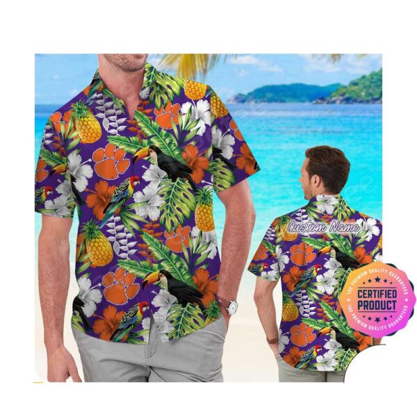Clemson Tigers America Flag Tropical Floral Aloha Hawaiian Shirt, Beach Shorts Custom Name For Men Women
