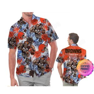 Cleveland Browns America Flag Tropical Floral  Aloha Hawaiian Shirt, Beach Shorts Custom Name For Men Women