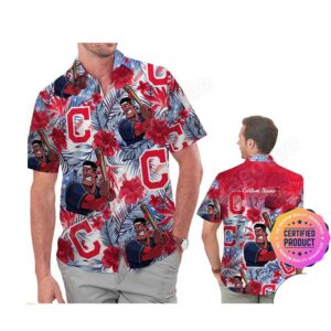 Cleveland Indians America Flag Tropical Floral MLB Aloha Hawaiian Shirt, Beach Shorts Custom Name For Men Women