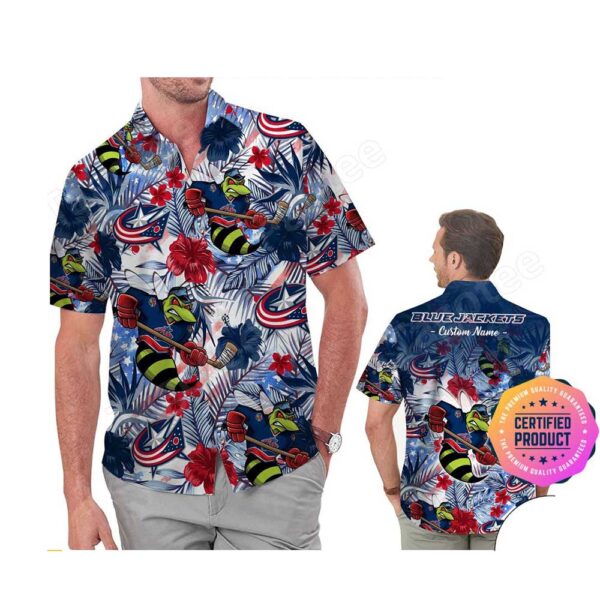 Columbus Blue Jackets America Flag Tropical Floral  Aloha Hawaiian Shirt, Beach Shorts Custom Name For Men Women