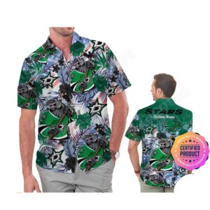 Dallas Stars America Flag Tropical Floral  Aloha Hawaiian Shirt, Beach Shorts Custom Name For Men Women