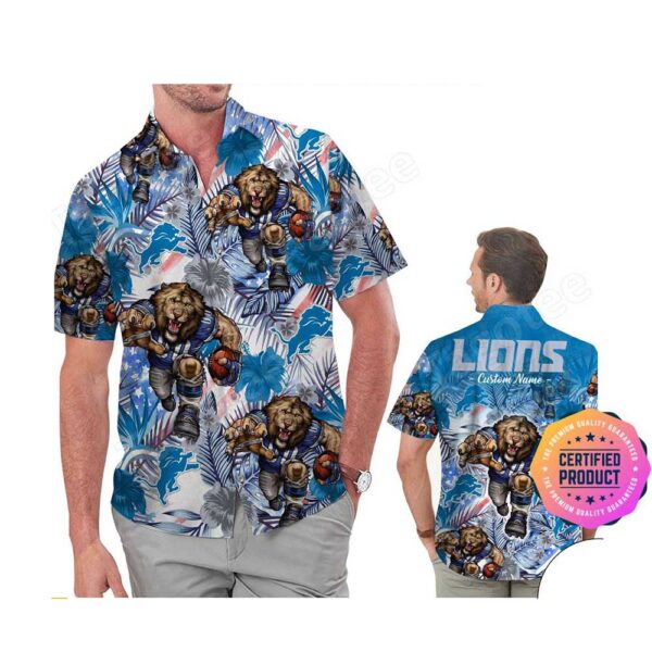 Detroit Lions America Flag Tropical Floral  Aloha Hawaiian Shirt, Beach Shorts Custom Name For Men Women