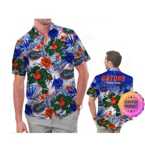 Florida Gators America Flag Tropical Floral Aloha Hawaiian Shirt, Beach Shorts Custom Name For Men Women