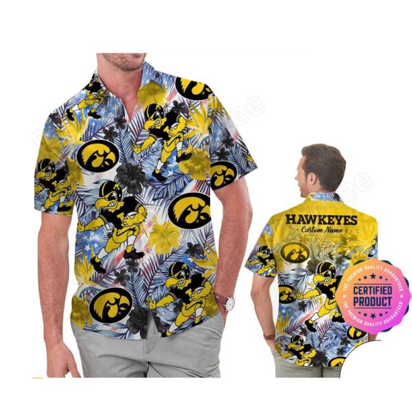 Iowa Hawkeyes America Flag Tropical Floral Aloha Hawaiian Shirt, Beach Shorts Custom Name For Men Women