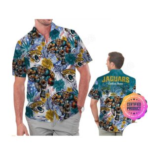 Jacksonville Jaguars America Flag Tropical Floral  Aloha Hawaiian Shirt, Beach Shorts Custom Name For Men Women