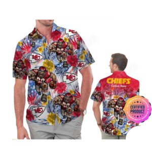 Kansas City Chiefs America Flag Tropical Floral  Aloha Hawaiian Shirt, Beach Shorts Custom Name For Men Women