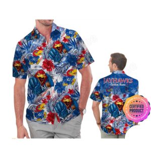 Kansas Jayhawks America Flag Tropical Floral Aloha Hawaiian Shirt, Beach Shorts Custom Name For Men Women