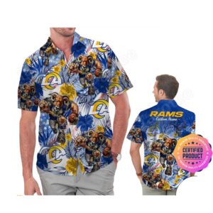 Los Angeles Rams America Flag Tropical Floral  Aloha Hawaiian Shirt, Beach Shorts Custom Name For Men Women