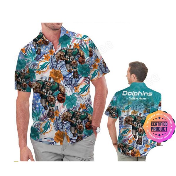 Miami Dolphins America Flag Tropical Floral  Aloha Hawaiian Shirt, Beach Shorts Custom Name For Men Women